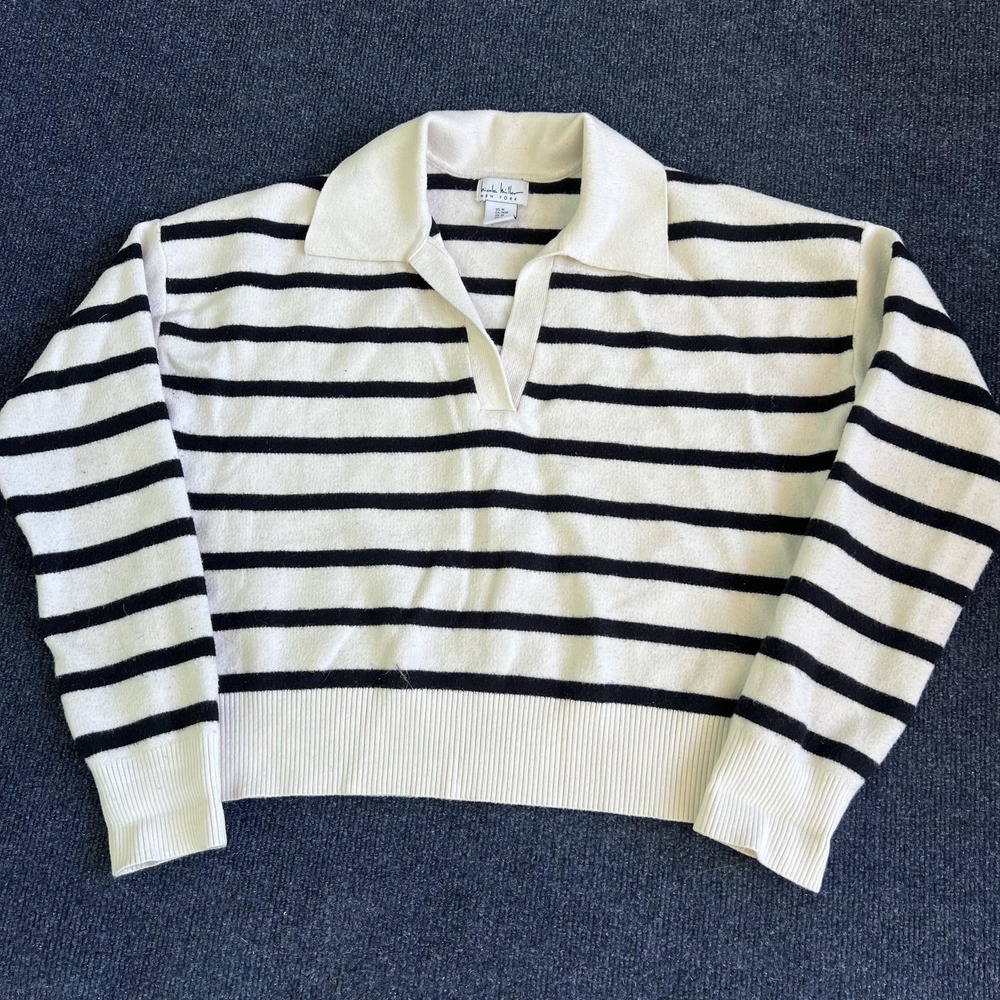 Nicole Miller New York Sweater Womens Medium White Striped Collared Pullover